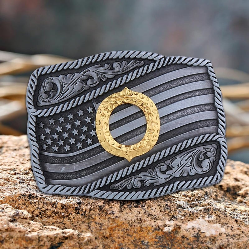 Fibbadet Store Western Cowboy Initial Letters A-Z American Flag Belt Buckle for Men Fathers Day Boyfriend Husband - Image 1